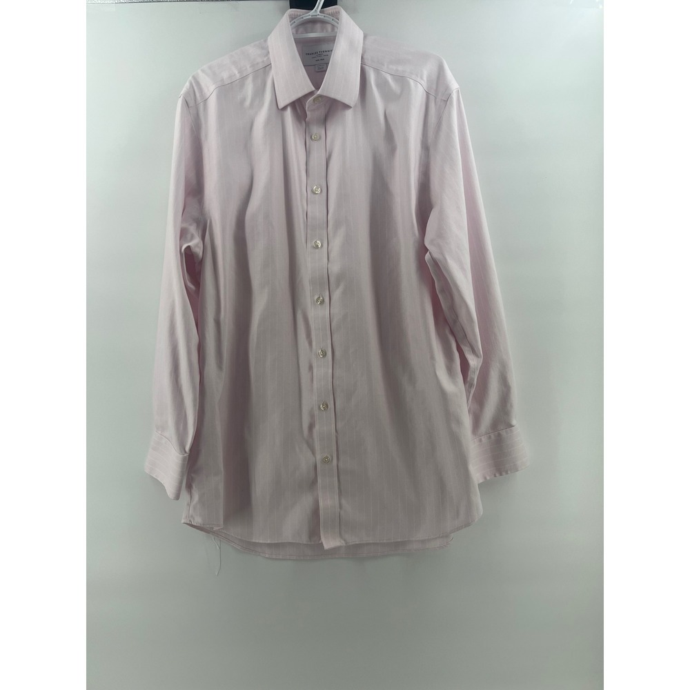 Charles Tyrwhitt Men 16.5 Pink Herringbone Stripe Dress Shirt Old Money Corpcore